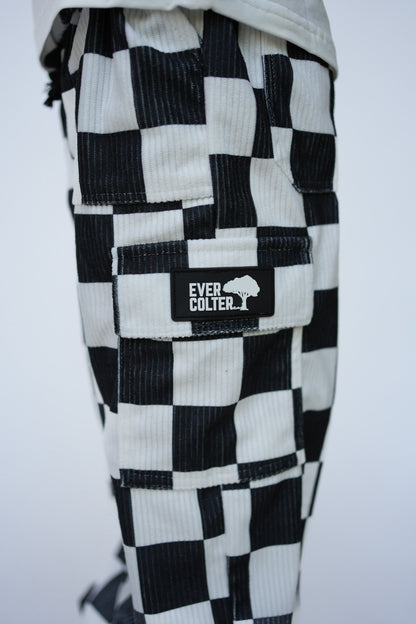 Black and White Checkered Corduroy Cargo Pants (Ready, Check, Glow) - Ever Colter Co