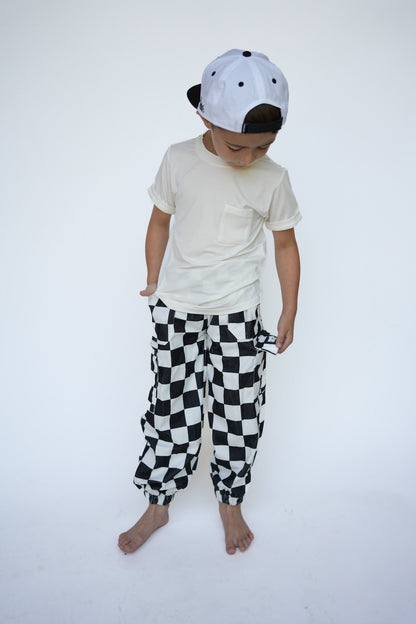 Black and White Checkered Corduroy Cargo Pants (Ready, Check, Glow) - Ever Colter Co