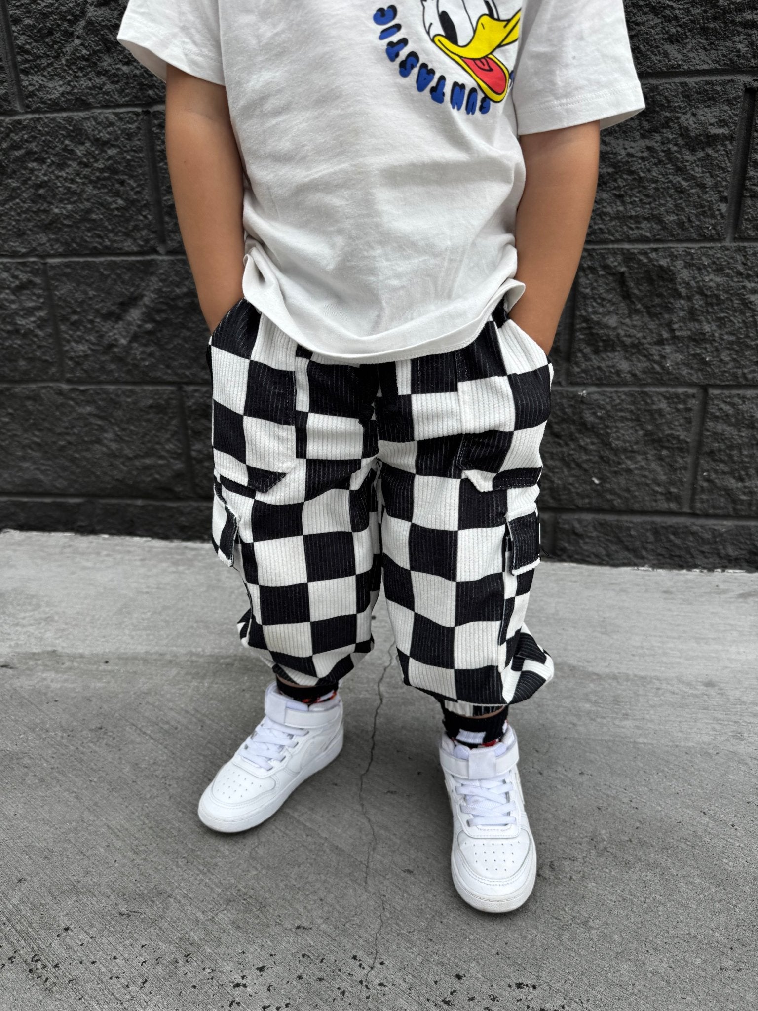 Black and White Checkered Corduroy Cargo Pants (Ready, Check, Glow) - Ever Colter Co