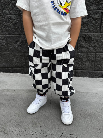 Black and White Checkered Corduroy Cargo Pants (Ready, Check, Glow) - Ever Colter Co