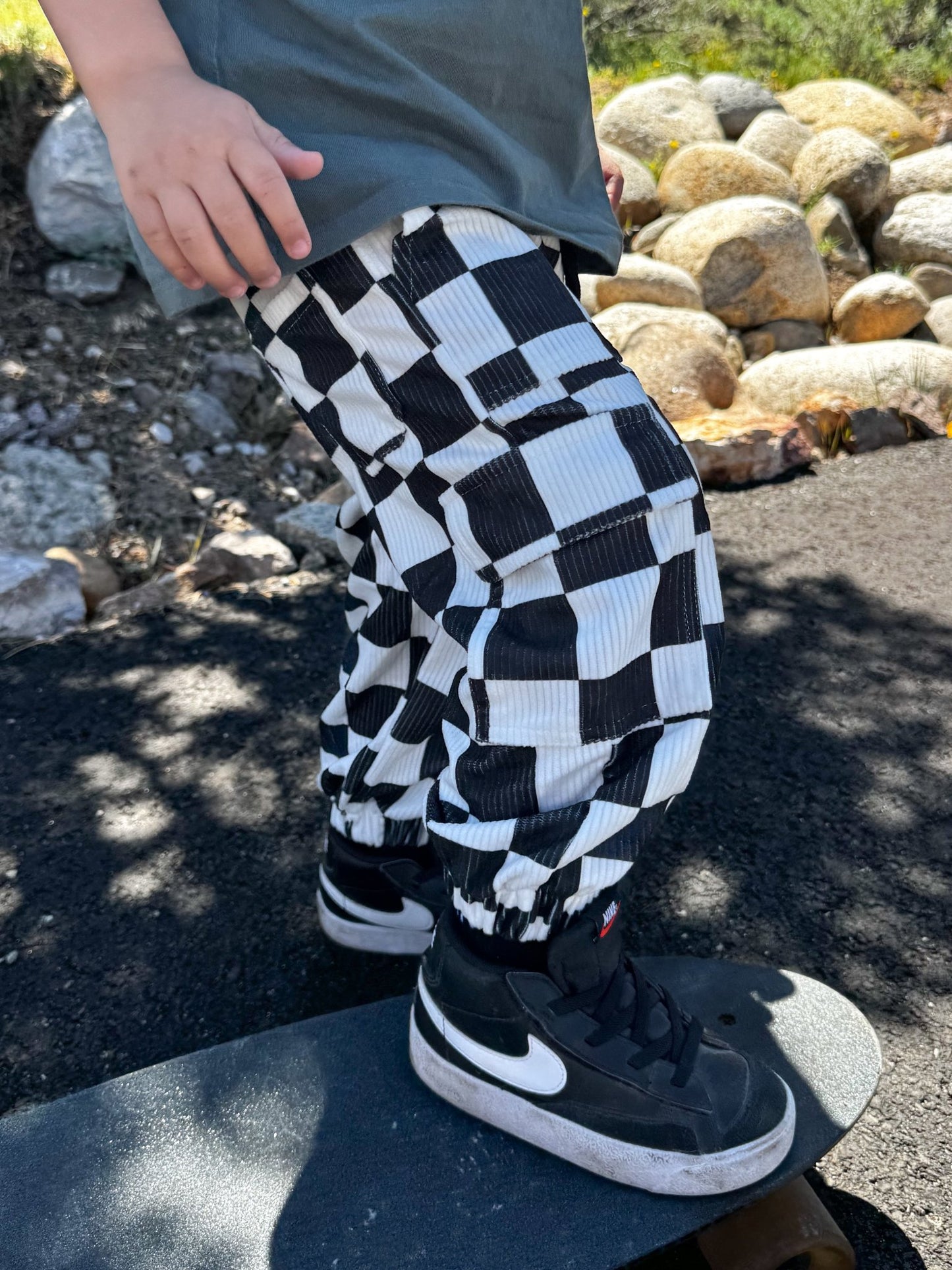 Black and White Checkered Corduroy Cargo Pants (Ready, Check, Glow) - Ever Colter Co