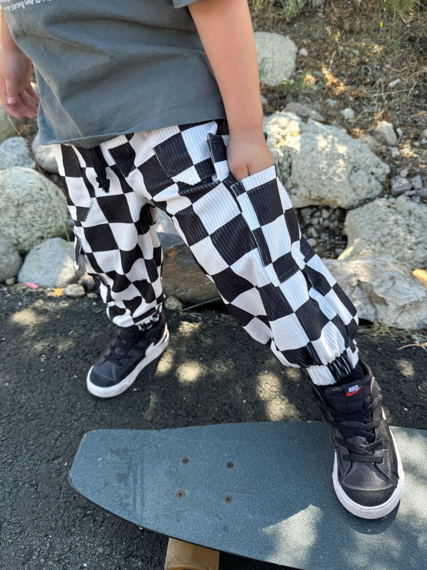 Black and White Checkered Corduroy Cargo Pants (Ready, Check, Glow) - Ever Colter Co