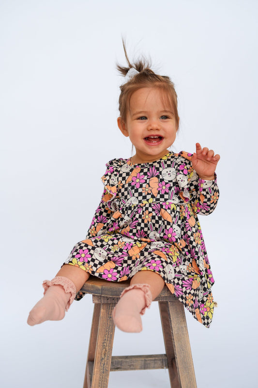 Blooms and Bunnies Long Sleeve Flutter Dress - Ever Colter Co