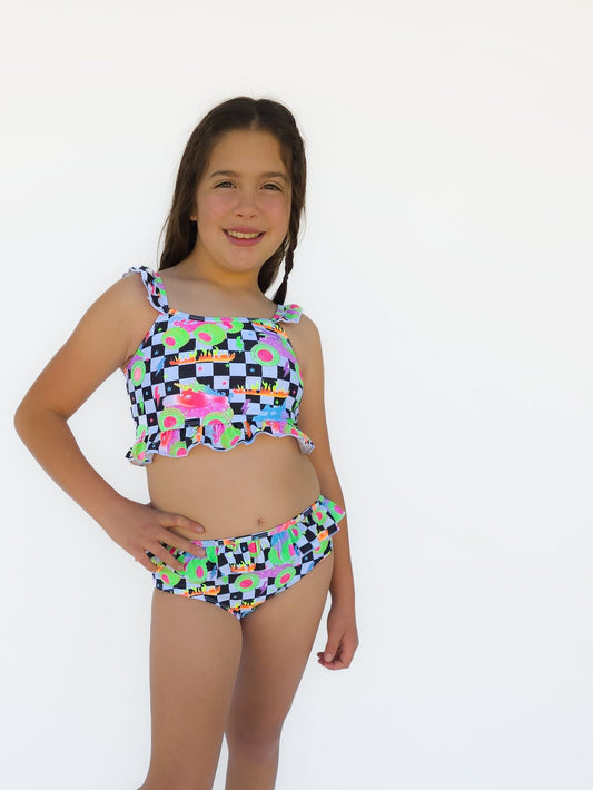 Girls Ruffle Two Piece Zip Swim Suit - Ever Colter Co