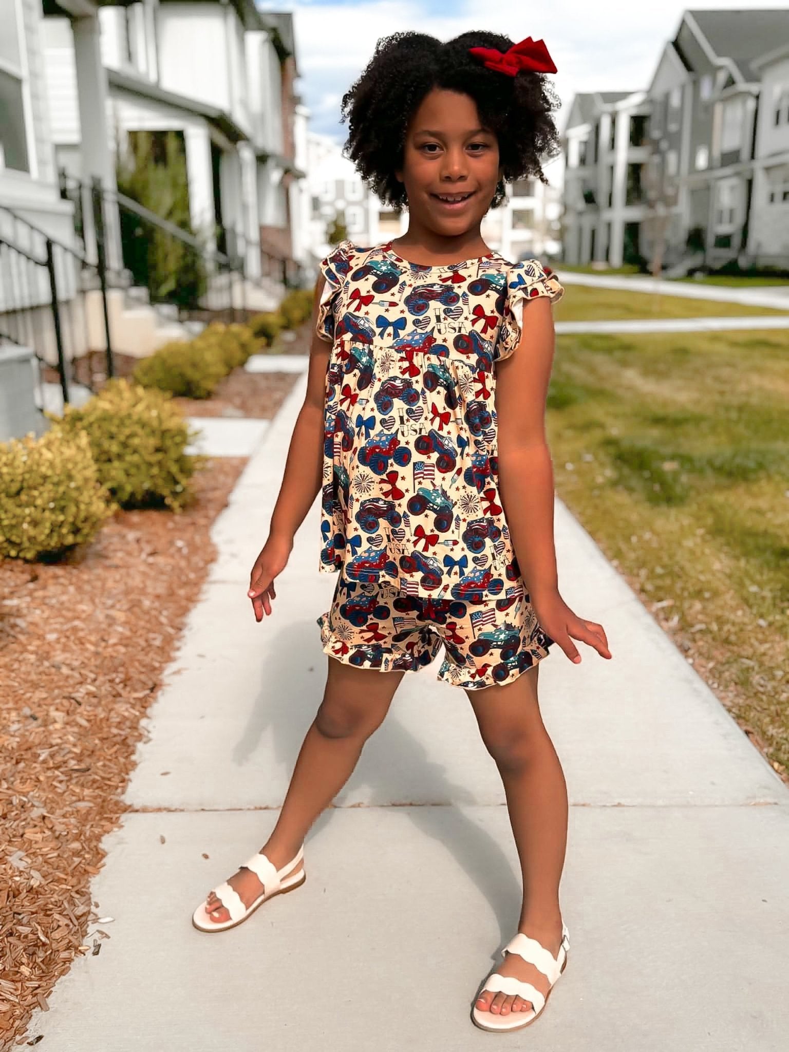 Red, White and Cute Ruffle Sleeve Shirt and Ruffle Short Set - Ever Colter Co